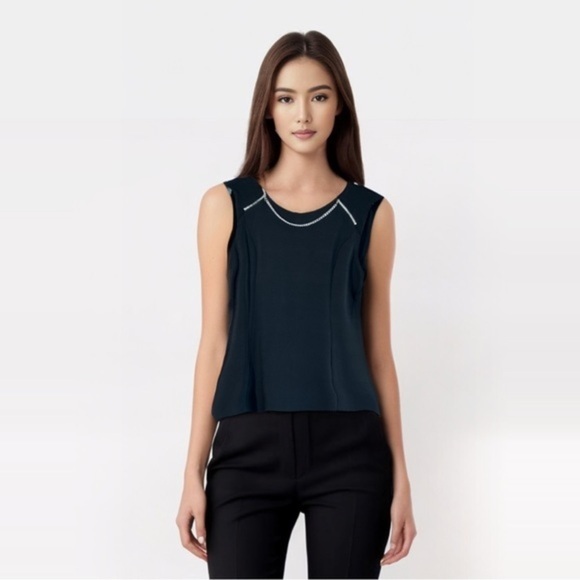 Carmen Marc Valvo Black With Silver Chain & Zipper Detail Sleeveless Top Size M - Picture 12 of 13